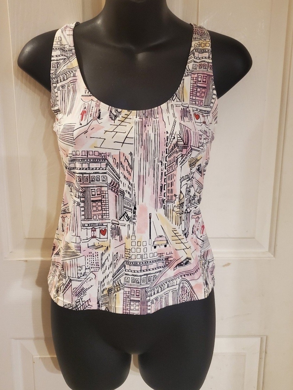 Calvin Klein White Scoop Neck Tank with Pastel Cityscape Print